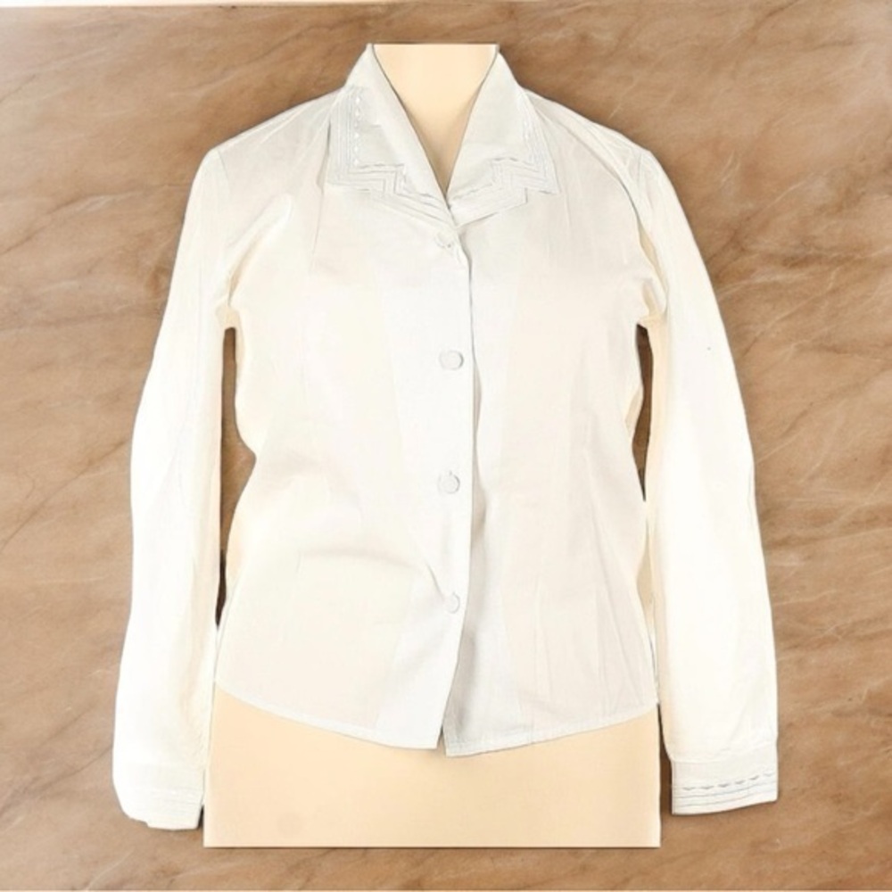 Karen Scott White Long Sleeved Button Down Embroidered Shirt Size 14
